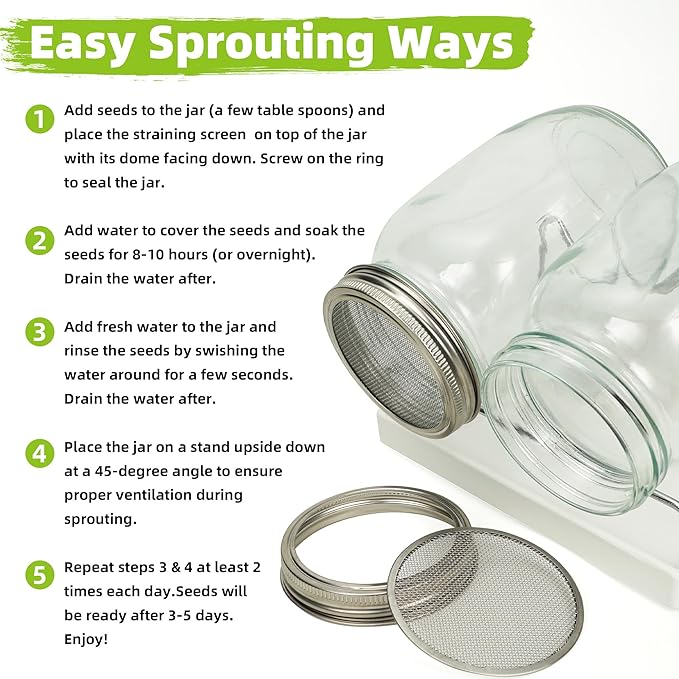 Sprouting Jar Kit Seed Sprouter Set for Growing Broccoli, Alfalfa, Mung Bea, Premium Stainless Steel Screen Sprout Lids, 2 Wide Mouth Mason Jars, Blackout Sleeves, Tray, Stand and Canning Brush