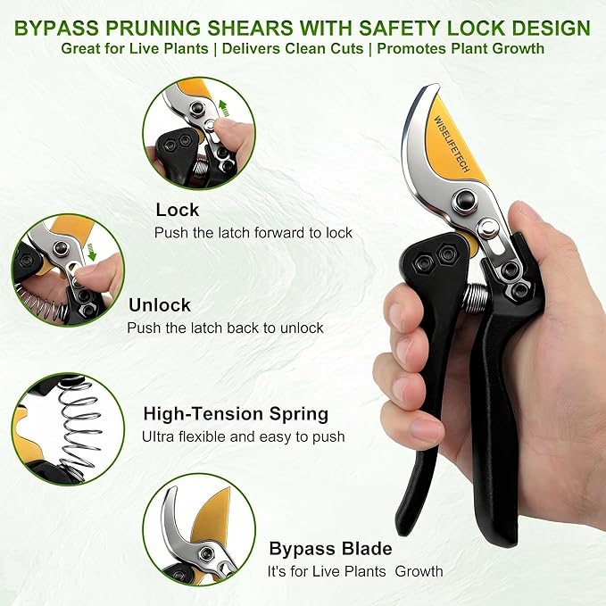 Pruning Shears Heavy Duty, SK5 Steel Bypass Hand Pruners with Teflon Coated Blade, Gardening Scissors for Trees, Shrubs, Roses & Plants, Ergonomic Non-Slip Grip, Clean Precision Cutting
