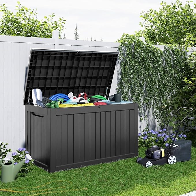 281 Gallon Large Resin Deck Box, Lockable Outdoor Storage Box for Patio Cushions Storage Furniture,Garden Tools, Pool Supplies, Weatherproof and UV Resistant (Black)