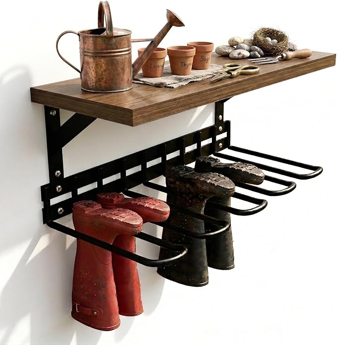 Decoroca Wall Mount Boot Rack, Garden Tool Organizer With 5 Curved Hooks & Wood Shelf, Heavy Duty Wader Boot Hangers Organizer Rack Trays for Outdoor/Indoor, Garden, Garage