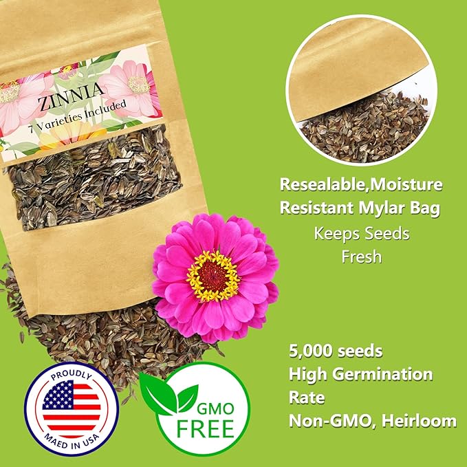Zinnia Seeds Bulk 5,000+ | Outdoor Flower for Planting |Giant Zinnia Seeds for 2026 | Mixed Colors & Large Blooms for Gardens| High Germination, Beginner-Friendly