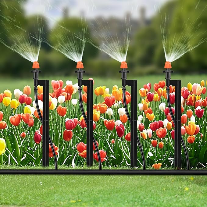 Drip Micro Sprinkler Heads with Stake: 90 Degree Sprinkler Nozzle with 1/4" Drip Irrigation Tubing - 10 Pack Drip Spray Emitters on 12 Inch Stake for Garden Water System