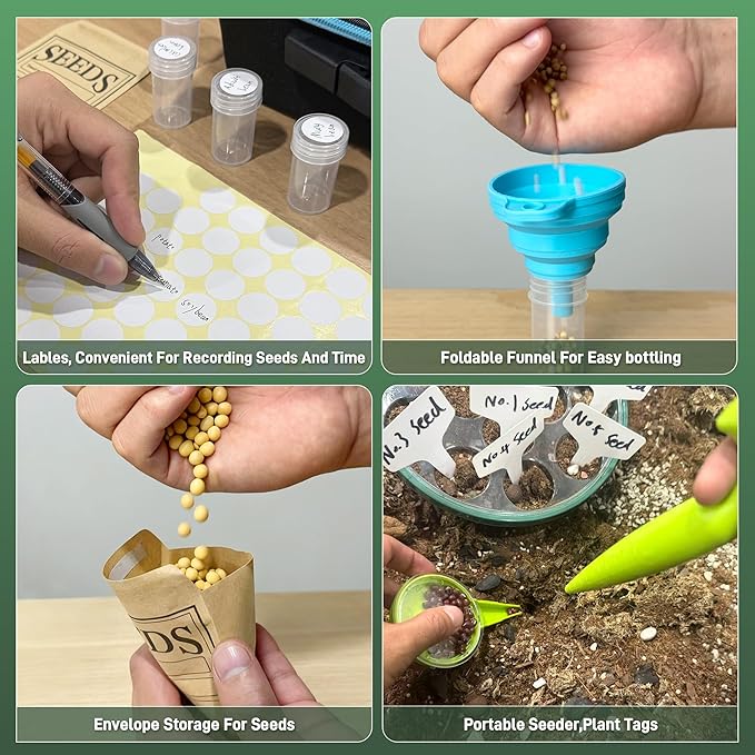 140 Slots Seed Storage Organizer Kit with 20 Envelopes, Waterproof Seed Storage Box, Transparent Bottles, Tweezers, Funnel, Sower for Vegetable Flower Garden Seeds Saver Kit for Vegetable