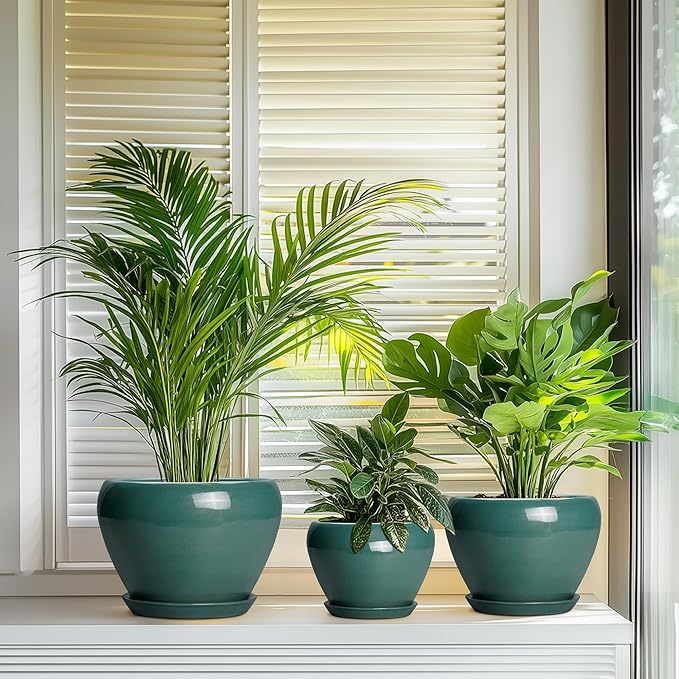 Ceramic Pots for Plants, 10+8+6 Inch Ceramic Plant Pot for Indoor Outdoor Plants, Round Indoor Flower Pots with Drainage Holes and Saucers, Garden Decor, Gift for Women, Set of 3, Dark Green