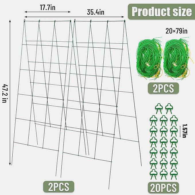 Pack 2 Heavy Metal Garden Trellis for Climbing Plants with Trellis Netting & Garden Clips, A-Frame Cucumber Trellis for Raised Bed