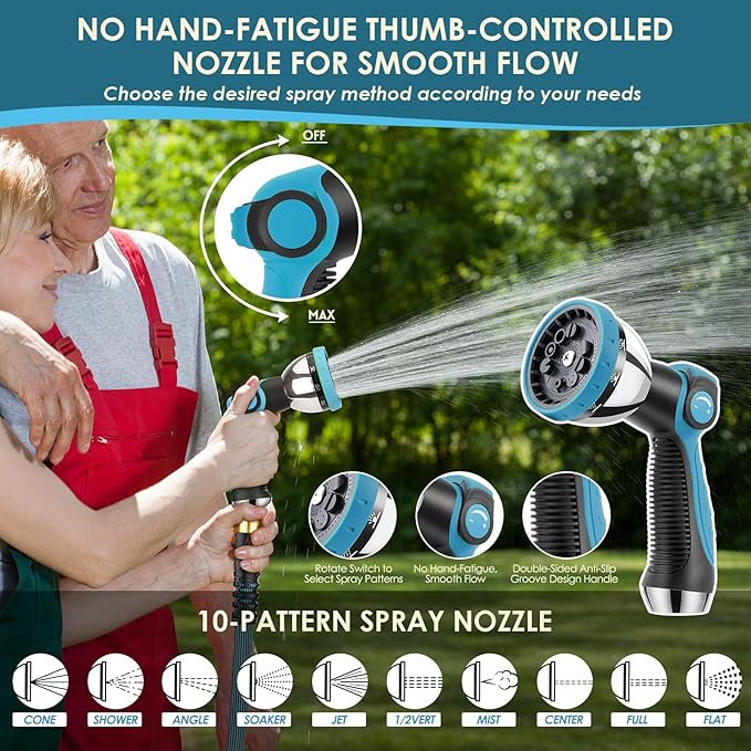 Garden Hose 75 ft Non-Expandable - Ultra Lightweight Super Flexible & Kink-Free Water Hose with Shut-Off Valve, 10-Pattern Nozzle & Holder, Leakproof Heavy Duty Hose for Yard Outdoor, Blue
