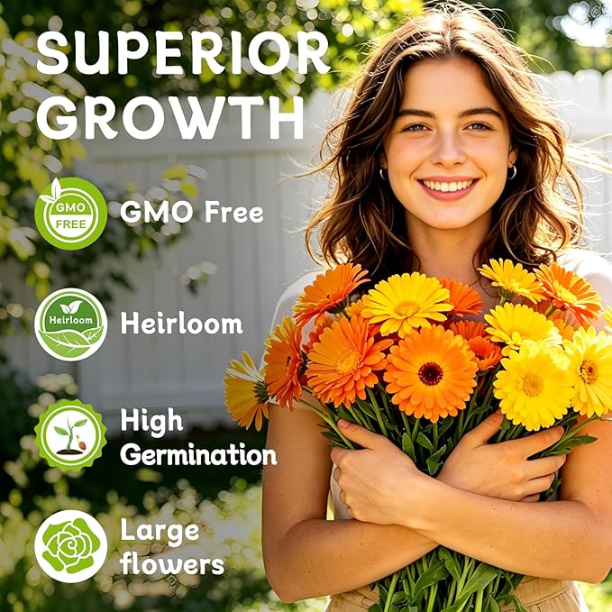 LUOJIBIE Calendula Seeds, Calendula Seeds for Planting Outdoor & Indoor, 8,000+ Pacific Beauty Mix Annual Flower Seeds Bulk, Non-GMO Flower Seeds, Large Blooms, Easy to Grow