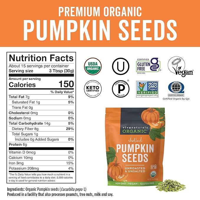 Viva Naturals Organic Pumpkin Seeds - Shelled, Unroasted & Unsalted Pumpkin Seeds Organic, Perfect for Salads, Trail Mix & Baked Goods - Good Source of Iron & Dietary Fiber - 1 lb (16 oz / 454 g)