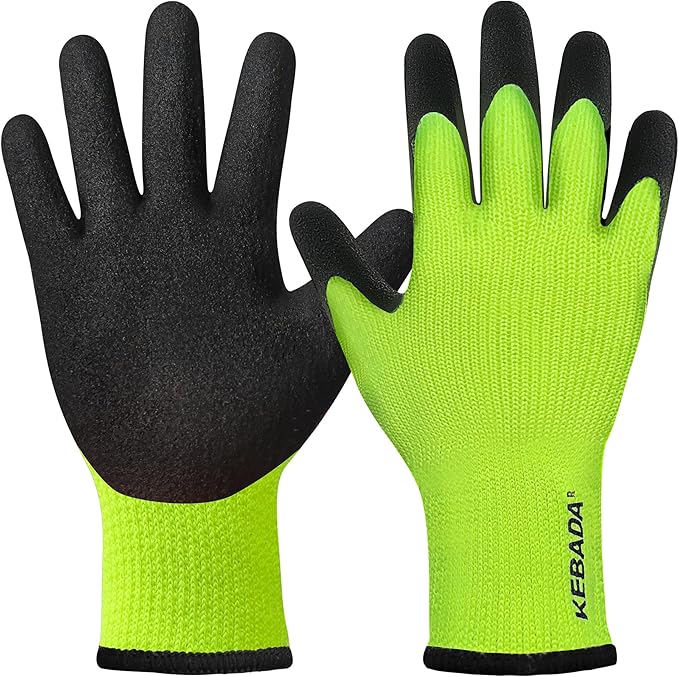 Kebada T3 Winter Work Gloves for Men and Women, Warm Knit Cold Weather Work Gloves, Thermal Insulated Freezer Gloves, 100% Latex Coating Non-slip Grip, Long Wrist Design, 1 Pair, Green, X-Large