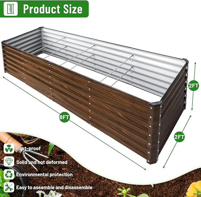 SnugNiture 2-Pack 8x2x2FT Galvanized Raised Garden Bed Kit, Metal Planter Box for Planting Plants Vegetables, Brown