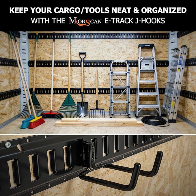 4-Pack Heavy-Duty E-Track Double J Hooks with Extra Rubberized Dip-Coating - Steel Tool Hanger for Long Handled Tools, Trailers & Garden Storage