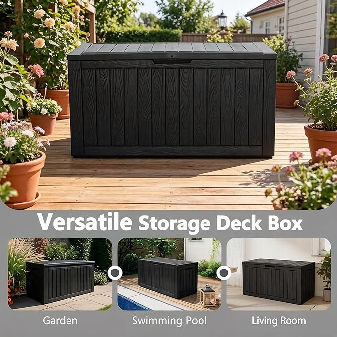 120 Gallon Outdoor Storage Box, Resin Deck Boxes Outdoor Waterproof For Patio Furniture, Garden Tools, Pool Supplies, Durable And UV Resistant, Lockable（Black）