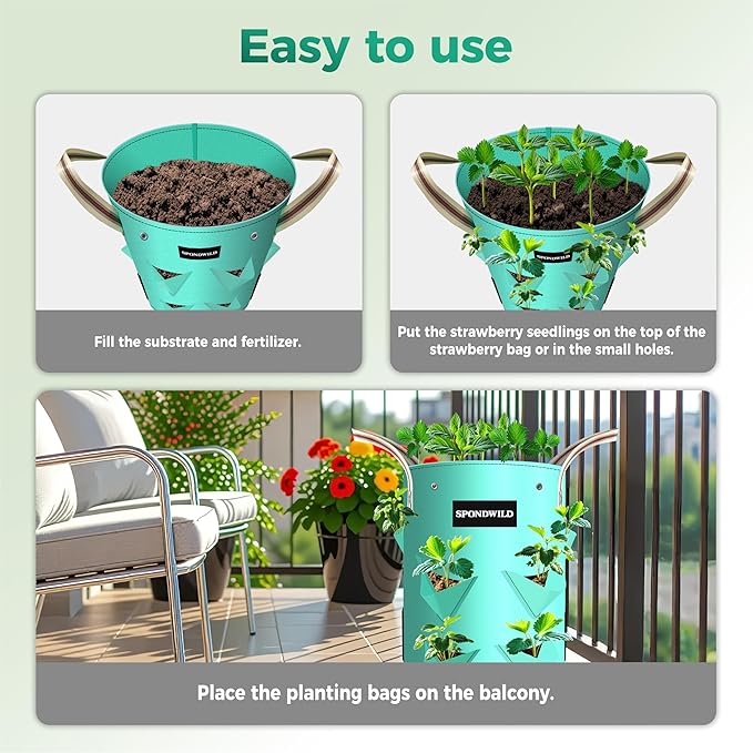 3 Pack 20 Gallon Strawberry Grow Bags, Heavy Duty Reusable PE Pots with Breathable Window, Branch & Drainage Holes, Reinforced Handles for Strawberries, Veggies, Flowers, Balcony/Patio Use