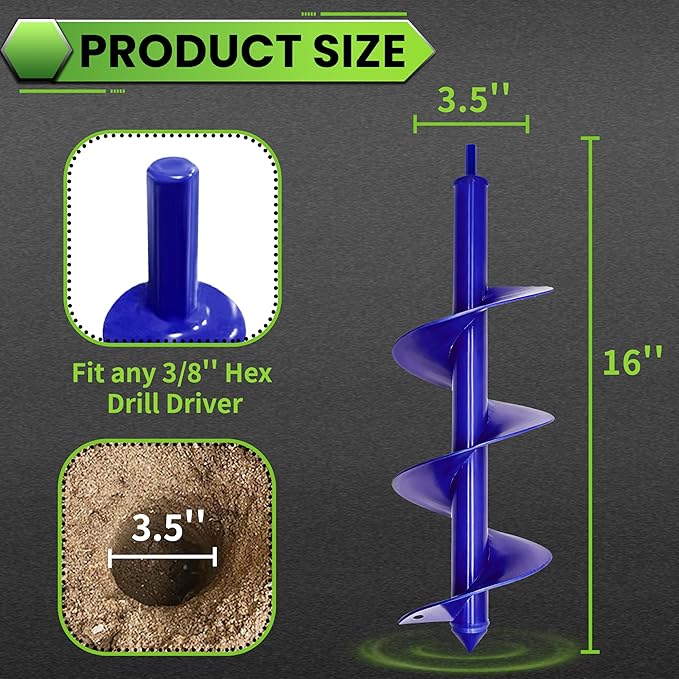 Auger Drill Bit for Planting - 3.5"X16" Heavy-Duty Garden Auger Spiral Drill Bit - Bulb Planter Tool & Auger Post Hole Digger - 3/8" Hex Drive Drill