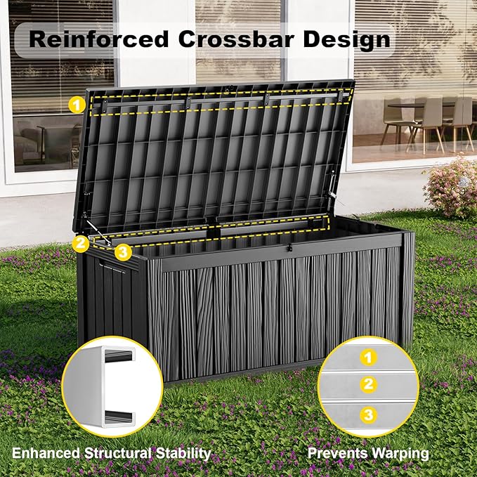 150 Gallon Deck Box Large Outdoor Storage Box Waterproof for Patio Furniture,Outdoor Cushions,Garden Tools and Pool Supplies,Weatherproof(Black,150Gallon)