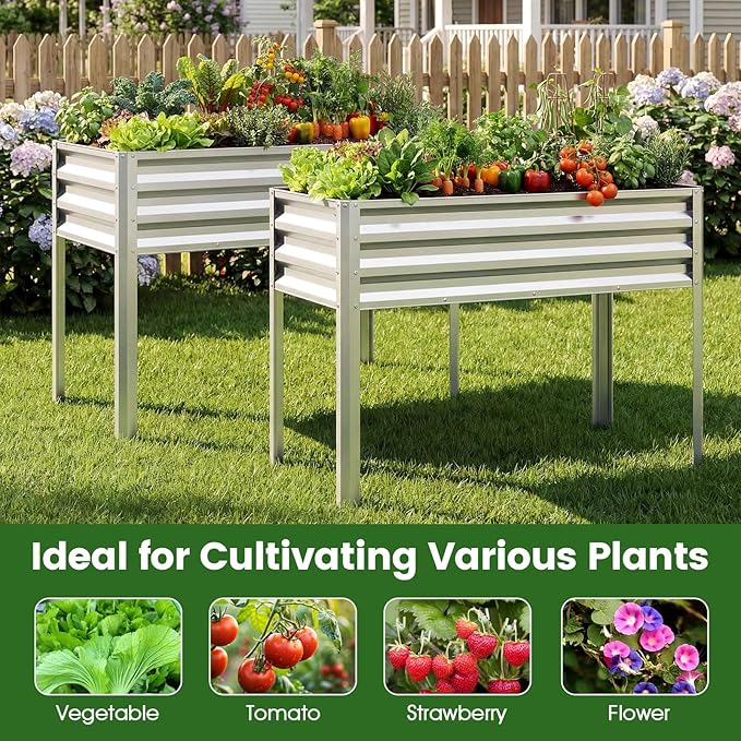 Giantex Raised Garden Bed with Legs, 44" x 22" x 32" Metal Large Elevated Planter Box for Vegetable Flower Fruit Herb, Heavy Duty Outdoor Gardening Planter for Backyard Patio Balcony, Silver