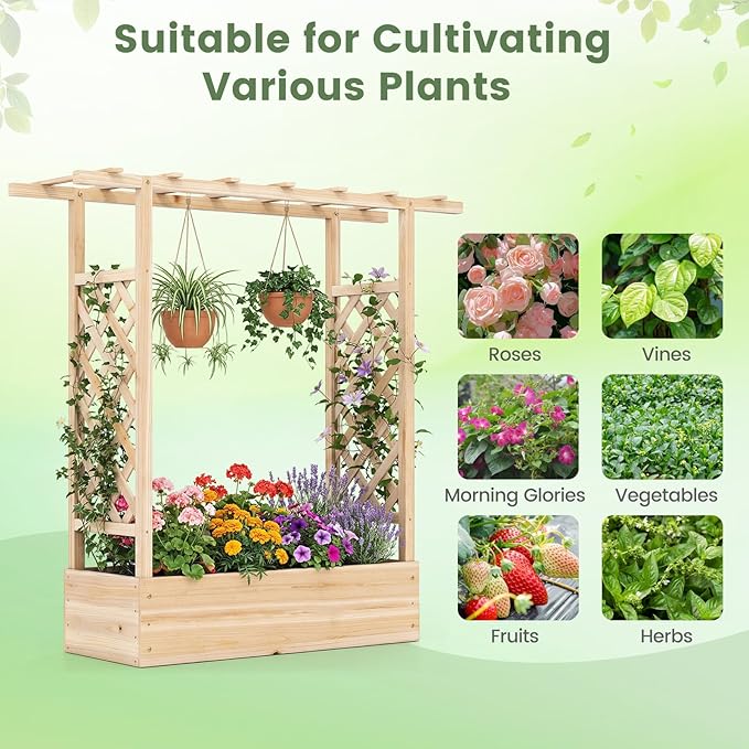 Raised Garden Bed with Trellis, Wood Planter Box w/Trellis, Hanging Roof, Drainage Holes, Freestanding Planter Raised Bed for Outdoor Climbing Plants Flowers, Patio Yard Balcony (2, Natural)