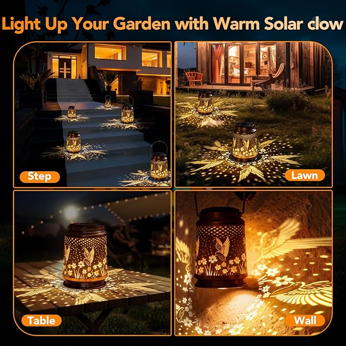Solar Lanterns Outdoor Waterproof, Garden Decor for Yard, Hummingbird Hanging Lantern Solar Garden Lights Decorations for Patio Lawn Porch Outside Decorative Christmas Birthday Gift Mom Grandma Women