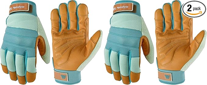 Wells Lamont Women's HydraHyde Leather Hybrid Gloves–Water-Resistant, Durable Cowhide Palm, Spandex Stretch Back–Ideal Landscaping/Gardening Gloves–Adjustable Wrist Medium, Blue (3250M),(Pack of 2)