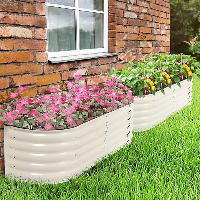 Aoodor 60"" L x 15"" W x 17"" H Galvanized Raised Garden Bed, Durable Half Moon Outdoor Planter Box for Vegetables, Flowers, and Herbs, Beige