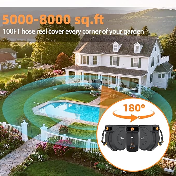 Retractable Garden Hose Reel 5/8 in x100 ft, Heavy Duty Wall Mounted Hose Reel with 10- Function Sprayer Nozzle, Any Length Lock/Automatic Slow Return System,180° Swivel Bracket
