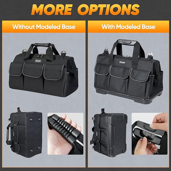 TICONN Heavy Duty Tool Bag with Multi-Pockets, Portable Tool Box Organizer Storage Bag, with Adjustable Shoulder Strap and Ergonomic Handle (Black, 16" Standard Base)