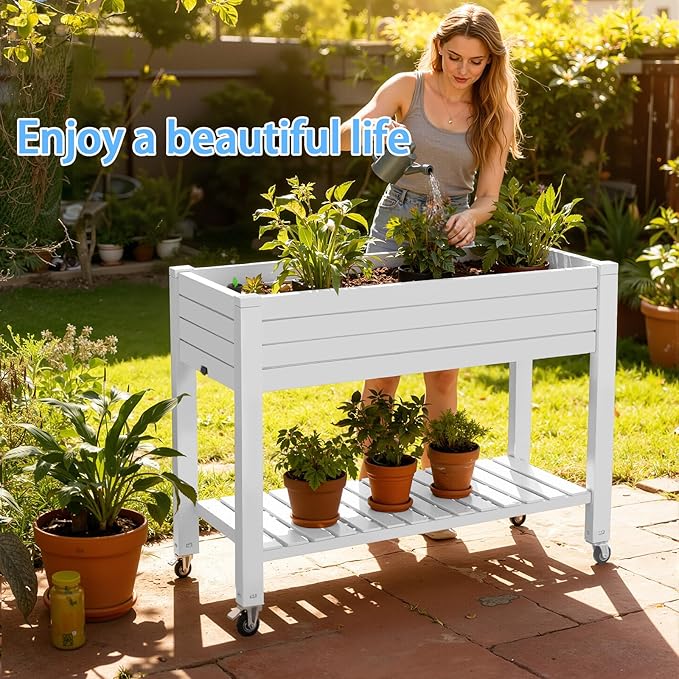 43" Elevated Garden Bed with Wheels & Legs, 78L/21 Gal Large Raised Planter Box with Drainage & Water Level Indicator, Mobile Herb Garden Kit for Patio & Balcony, Grayish-White