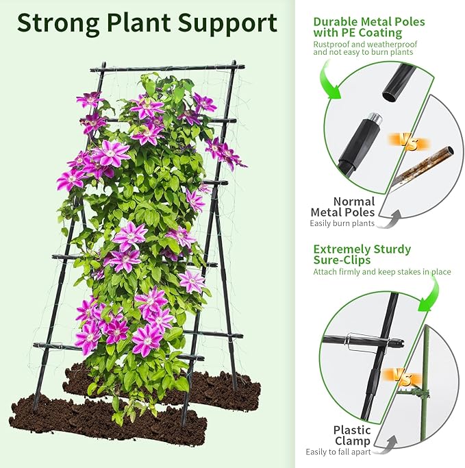 FOLLOOK Garden Trellis for Climbing Plants, 6ft Cucumber Trellis for Raised Bed, Pea Grape Vine Tomato Trellis Cattle Panel A Frame Vegetable Plant Support Outdoor for Backyard, Black