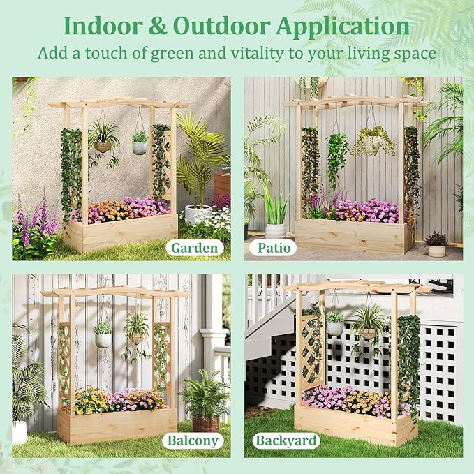 HAPPYGRILL Raised Garden Bed with Trellis, 2 Wood Planter Box w/Hanging Roof, Drainage System, Elevated Garden Box for Climbing Vine, Outdoor Planter w/Trellis for Patio Balcony, 44" x 14" x 45"