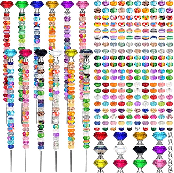 Tigeen 236 Pcs Garden Stake DIY Fairy Wand Plant Stake with 12 Colorful Crystal Stopper Top 12 Threaded Rod with 200 Large Hole Bead for Spring Summer Holiday Outdoor Decorations(Classic)