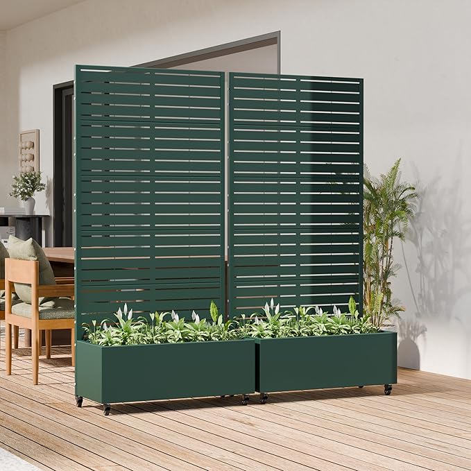 Casaphoria Metal Raised Garden Bed with Trellis and Wheels, 72"x35"x16" Planter Box for Climbing Plants, Vegetables & Vines, Features Drainage Holes and Privacy Screen, Drak Green-Louvered