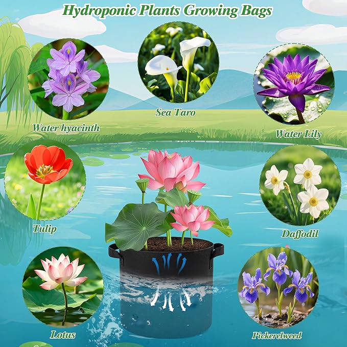 2 Gallon Lily Plant Pots for Pond, 6 Pack Aquatic Planter Thickened Fabric Felt Pots with Handles, Durable Breathe Reusable Plant Grow Bag for Aquatic Plants, Flower, Carrot, Potato, Tomota