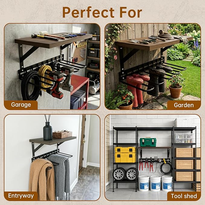 Decoroca Wall Mount Boot Rack, Garden Tool Organizer With 5 Curved Hooks & Wood Shelf, Heavy Duty Wader Boot Hangers Organizer Rack Trays for Outdoor/Indoor, Garden, Garage (4 Pack)