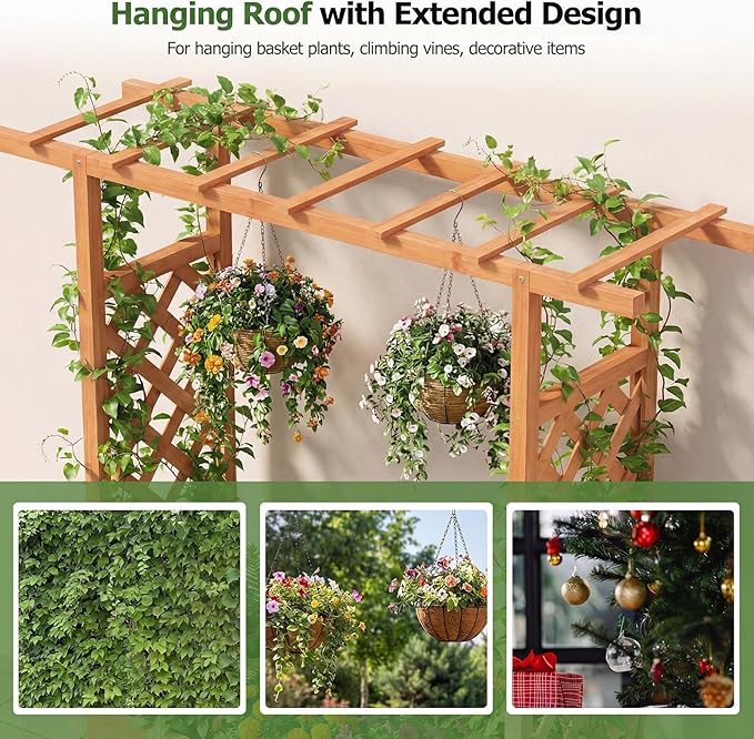 HAPPYGRILL Raised Garden Bed with Trellis & Hanging Roof, 45" Tall Wooden Planter Box with Drainage Holes, Outdoor Wood Elevated Garden Bed for Climbing Plants Vines Vegetables Flowers (Orange,2)