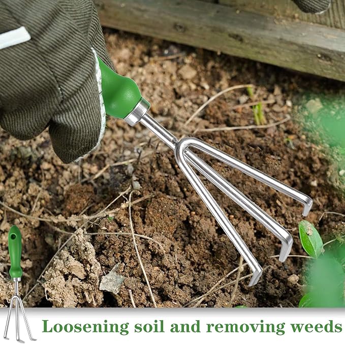 Garden Rake Soil Tiller, Stainless Steel Claw Gardening Tools with Ergonomic Handle, Bow Rake Garden Fork Hand Rake Cultivator, Great for Gardening, Cultivating, Loosening Soil, Spreading Mulch