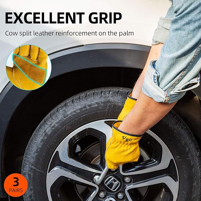 Vgo... 3-Pairs Unlined Cow Grain Leather Work and Driver Gloves with Cow Split Leather Palm Patch (Size L, Gold,CA9590)
