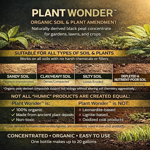 PlantWonder (Plant Wonder) Black Peat Potassium Humate – Liquid Humic & Fulvic Acid Soil Conditioner – Organic Root & Soil Enhancer for Vegetables, Lawn & Garden – 16 oz Concentrate