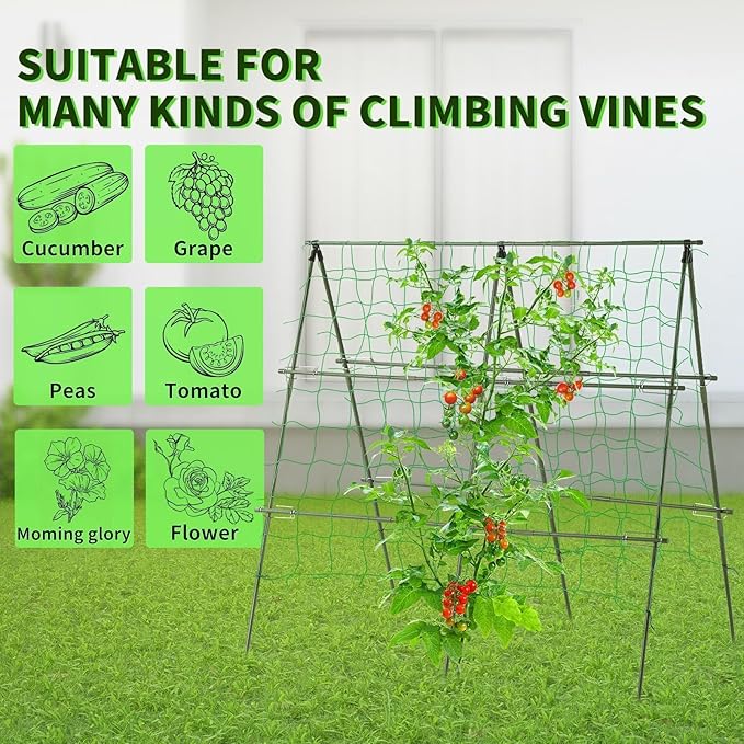 Lalahoni Cucumber Trellis, 4ft x 4ft Metal A-Frame Garden Trellis Climbing Plant Outdoor Support Fruit Grape Vine Vegetable Tomato Pea Bean Cucumber Trellis Raised Bed, with Netting, Green