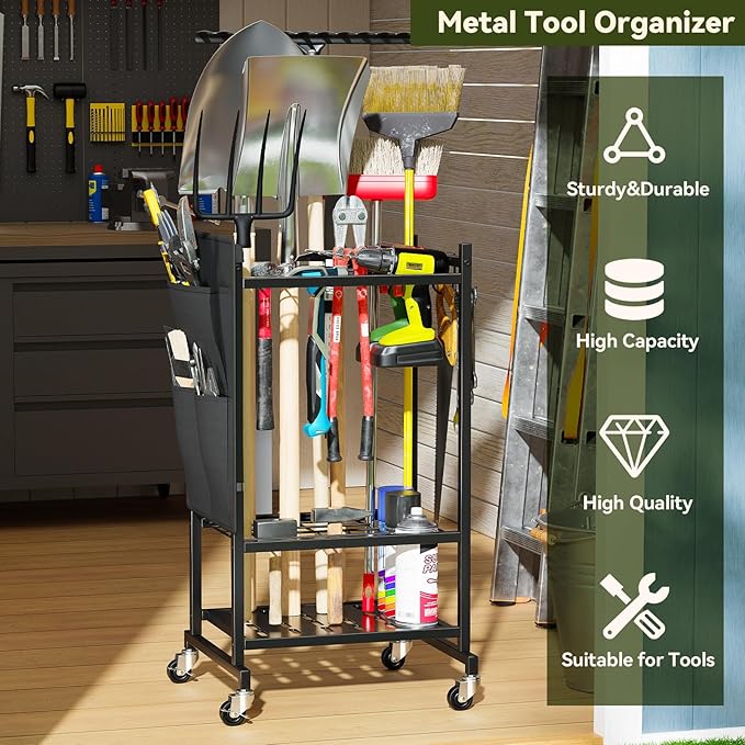 SUFAUY Garden Tool Organizer, Rolling Heavy-Duty Garage Tool Stand, Yard Storage Rack with Casters and Hooks, Black