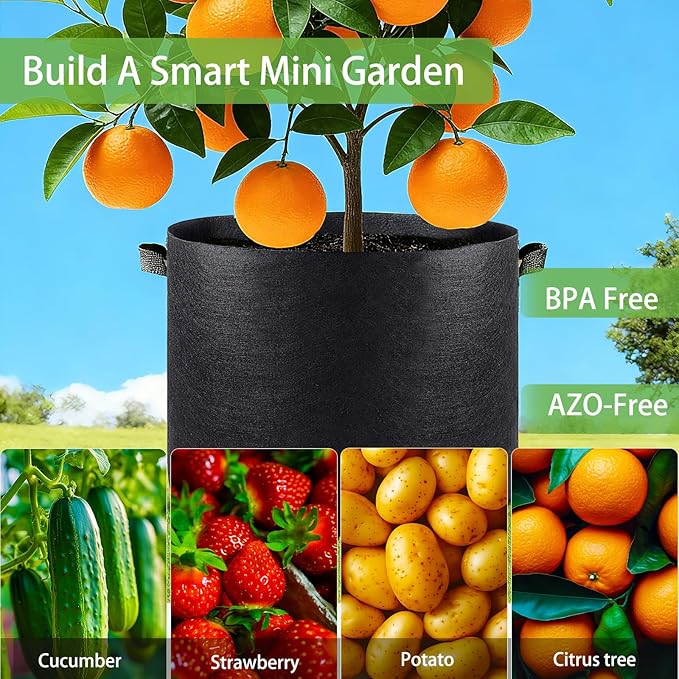 iGarden Grow Bags Tall,15 Gallon Grow Pots 5 Pack with Handles, Heavy Duty 320G Thickened Nonwoven Fabric Plant Bag for Vegetables, Black