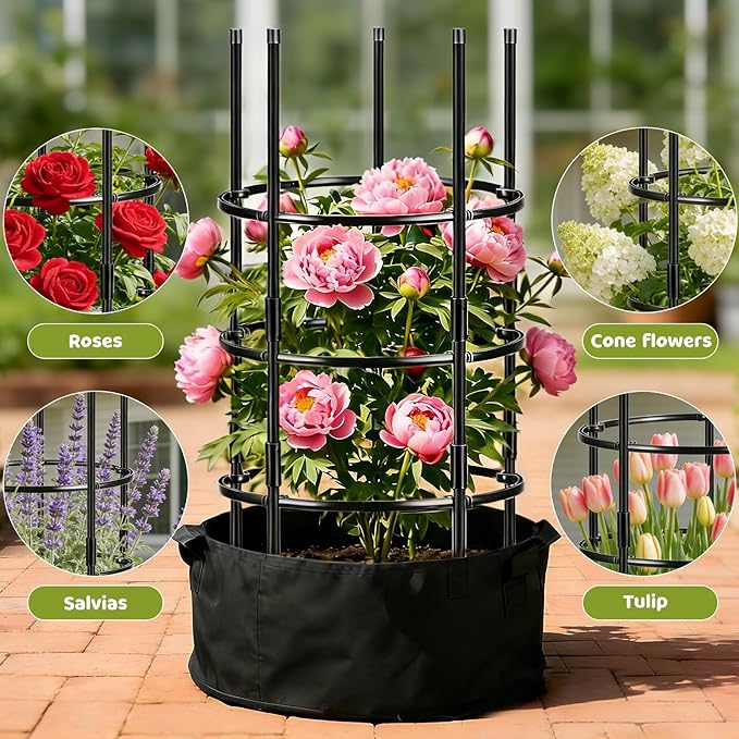 19.5" D x 39" H Peony Plant Support Cage, 3 Tier Stackable Plant Support Ring, Metal Core with PVC Coated Stakes, Garden Plant Support for Peonies Tomatoes and Climbing Plants