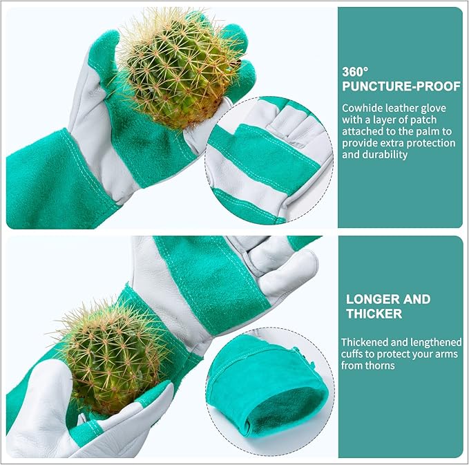 Gardening Gloves, Rose Pruning Gloves Thorn Proof, Long Cowleather Gauntlet Yard Work Gloves with Adjustable Cuffs