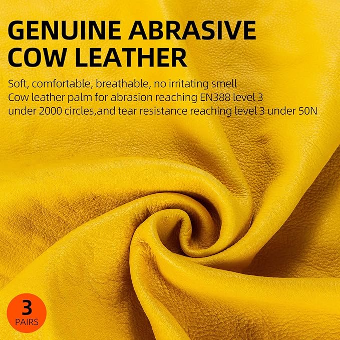 Vgo... 3-Pairs Unlined Cow Grain Leather Work and Driver Gloves with Cow Split Leather Palm Patch (Size XL, Gold,CA9590)