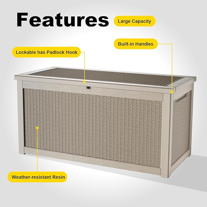 ROJIK 320 Gallon Waterproof Outdoor Deck Storage Box, Lockable Resin Patio Storage Bin with Lid for Garden Tools, Patio Cushions & Outdoor Accessories(Grey)