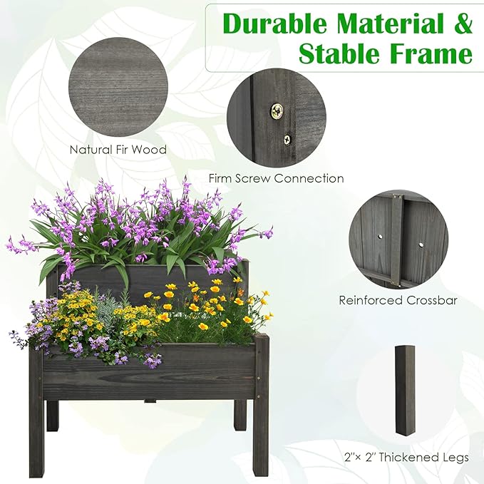 RELAX4LIFE 2-Tier Raised Garden Bed - Fir Wood Garden Elevated Planter Box with Legs, 8 Drainage Holes,220 Capacity for Growing Vegetable, Elevated Garden Bed for Outdoor Yard Patio Balcony (Gray)