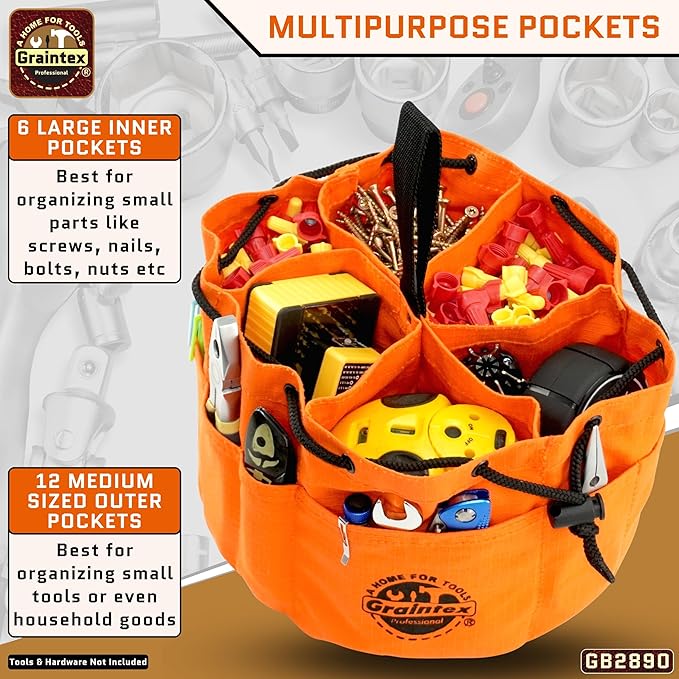 Graintex 18 Pockets Grab Bag Rip-stop Canvas Drawstring Closure, Small Part Organizer Pouch, Small Tools, Screws, Parts, Parachute Tool Bag for Efficient Storage - Orange