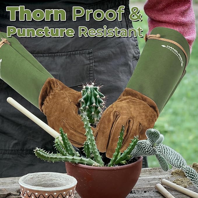 HANDLANDY Long Gardening Gloves for Men Women, Thorn Proof Rose Pruning Leather Garden Yard Gauntlet Glove, Gardening Gifts