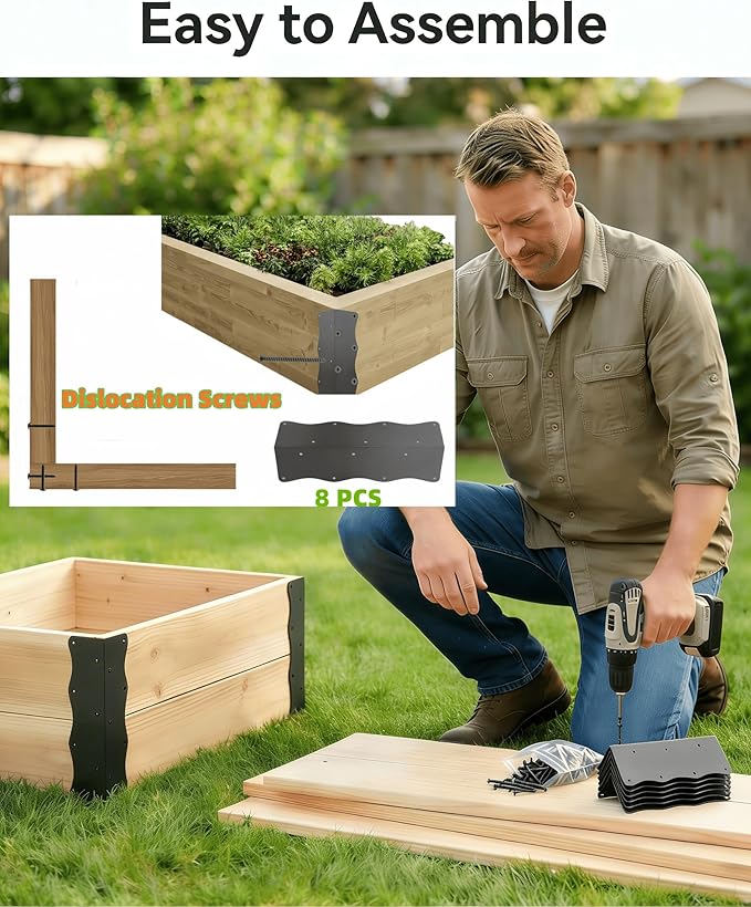 8 Pack Raised Garden Bed Corner Brackets Kit for 20"-24" Raised Bed, 11"x3”x3“ Heavy Duty L Shaped Garden Bed Connectors with Screws, Decorative Corner Braces for Planter Box, Furniture & Wood Fences