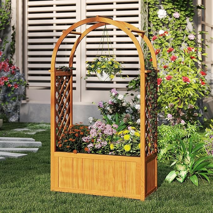 Giantex Raised Garden Bed with Arch Lattice Trellis, for Climbing Vine Flower Vegetable, Wood Planter Box with Liner & Drainage Design, Outdoor Plant Container for Yard Balcony (33"x15"x57")