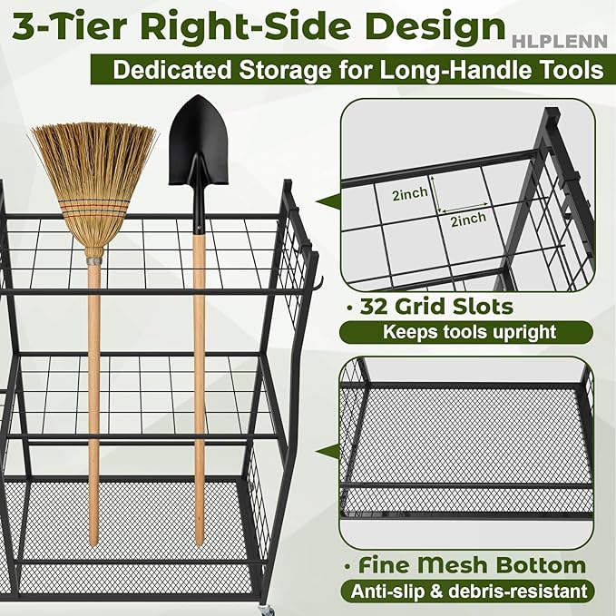 Garden Tool Organizer, Garden Tool Organizer Stand with Lockable Wheels, Metal Yard Tool Storage Rack for Long Handled Tools, Shovels & Rakes, Rustproof Tool Holder for Shed or Basement